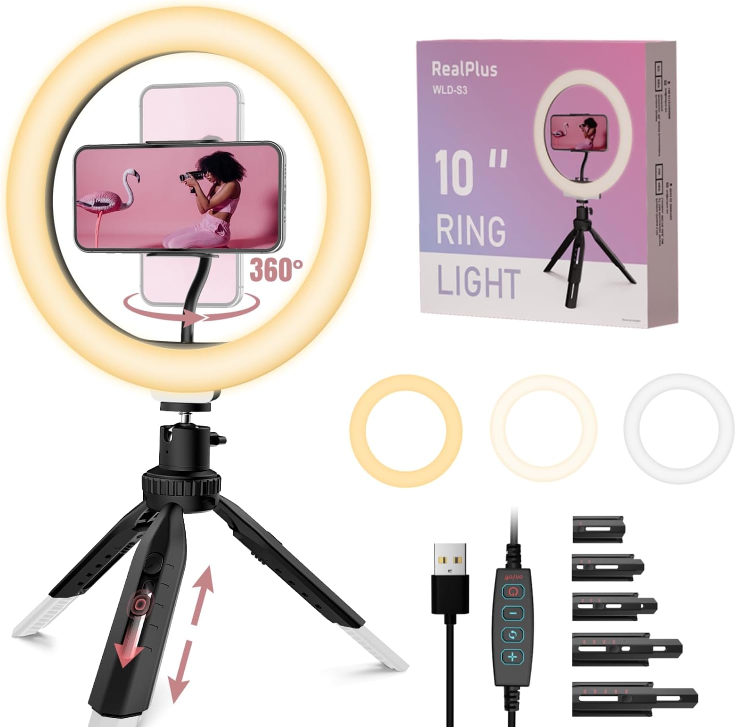 RealPlus LED Ring Light, 10" Ring Light with Tripod Stand & Phone Holder, Selfie...