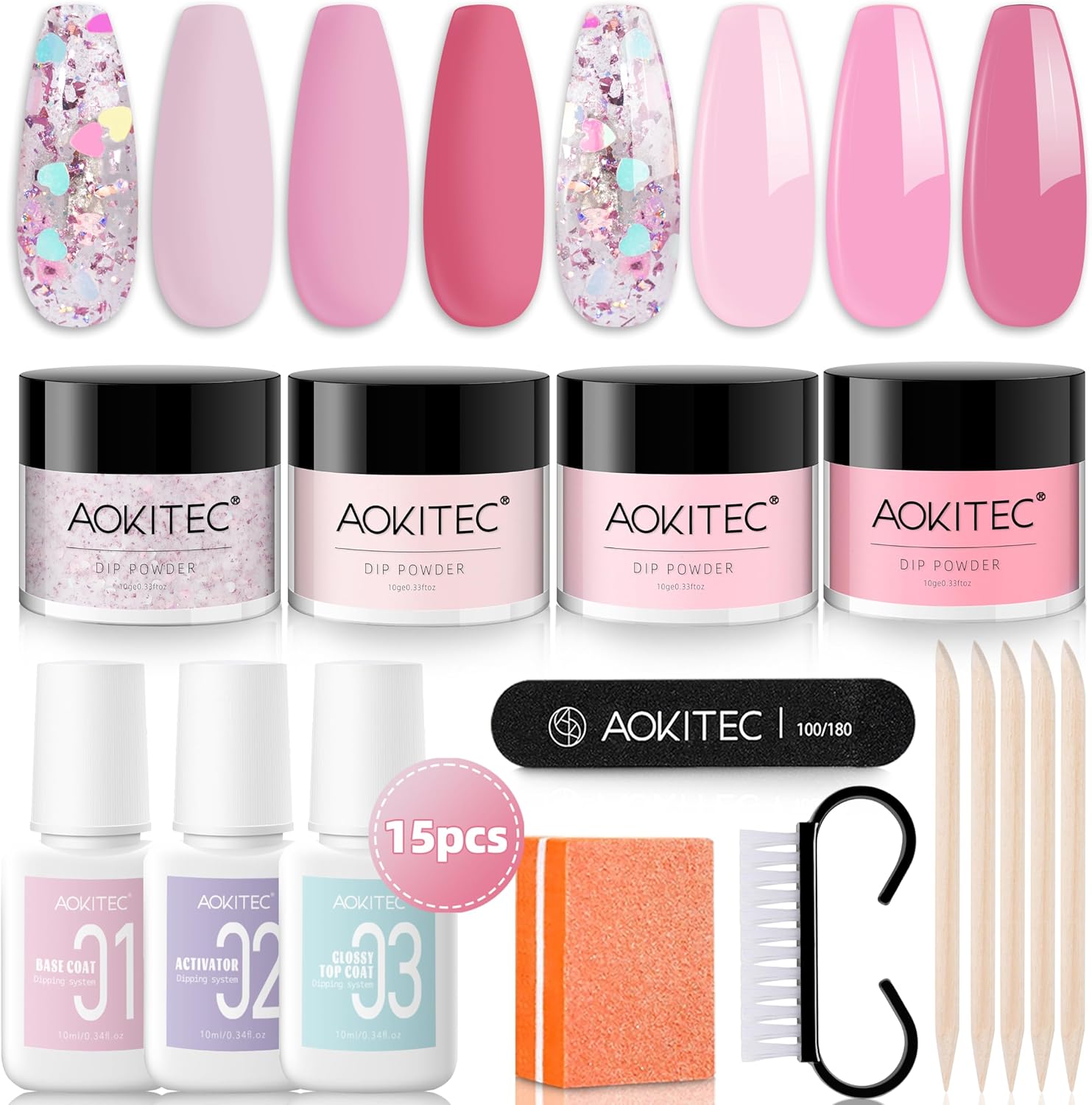 Aokitec 15 PCS Dip Powder Nail Kit - Pink Dip Powder with Dip Liquid Base Activa...