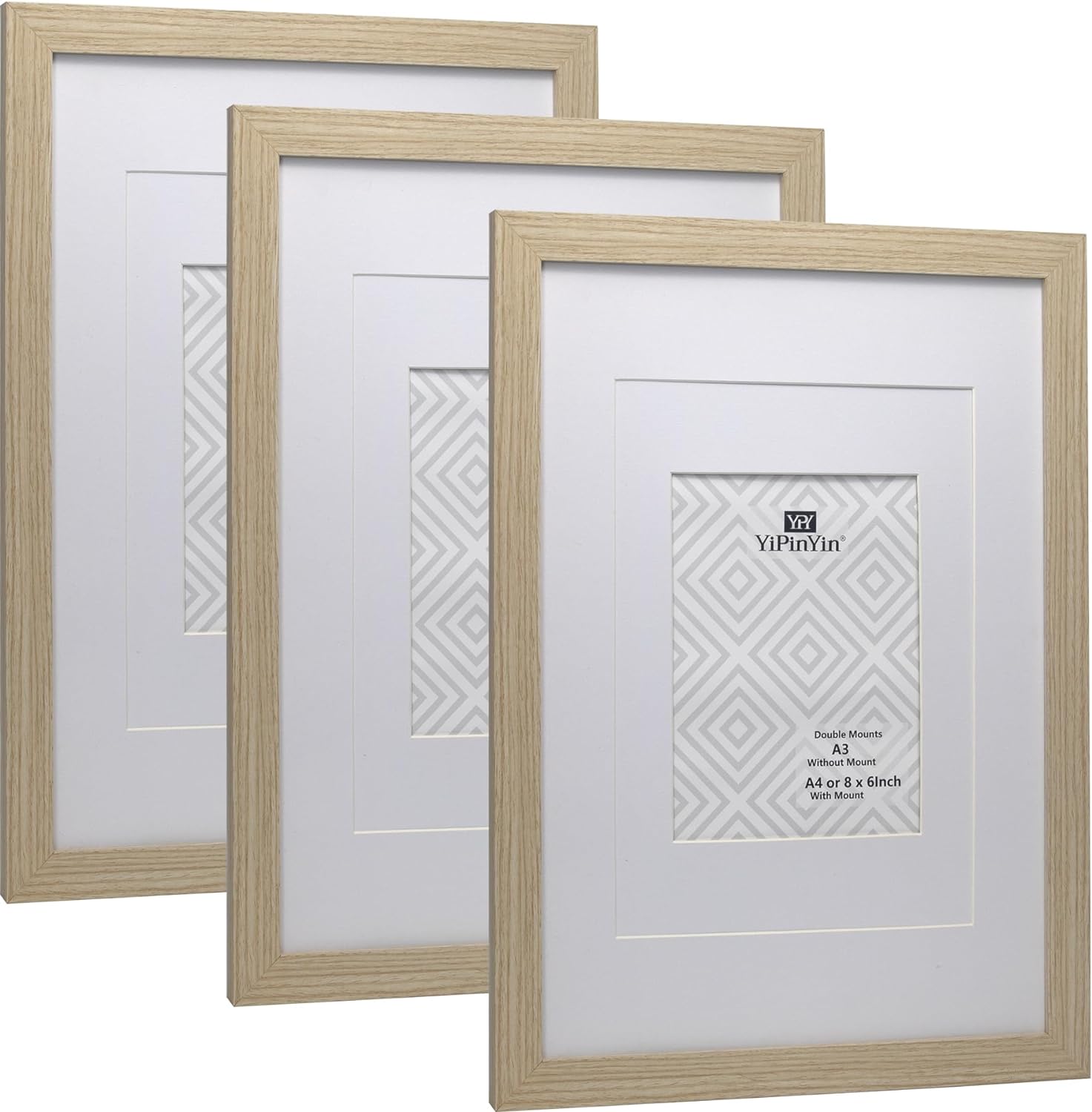 A3 Oak Wood Effect Photo Frame set of 3 with double mounts for A4 or 6x8 photo,...