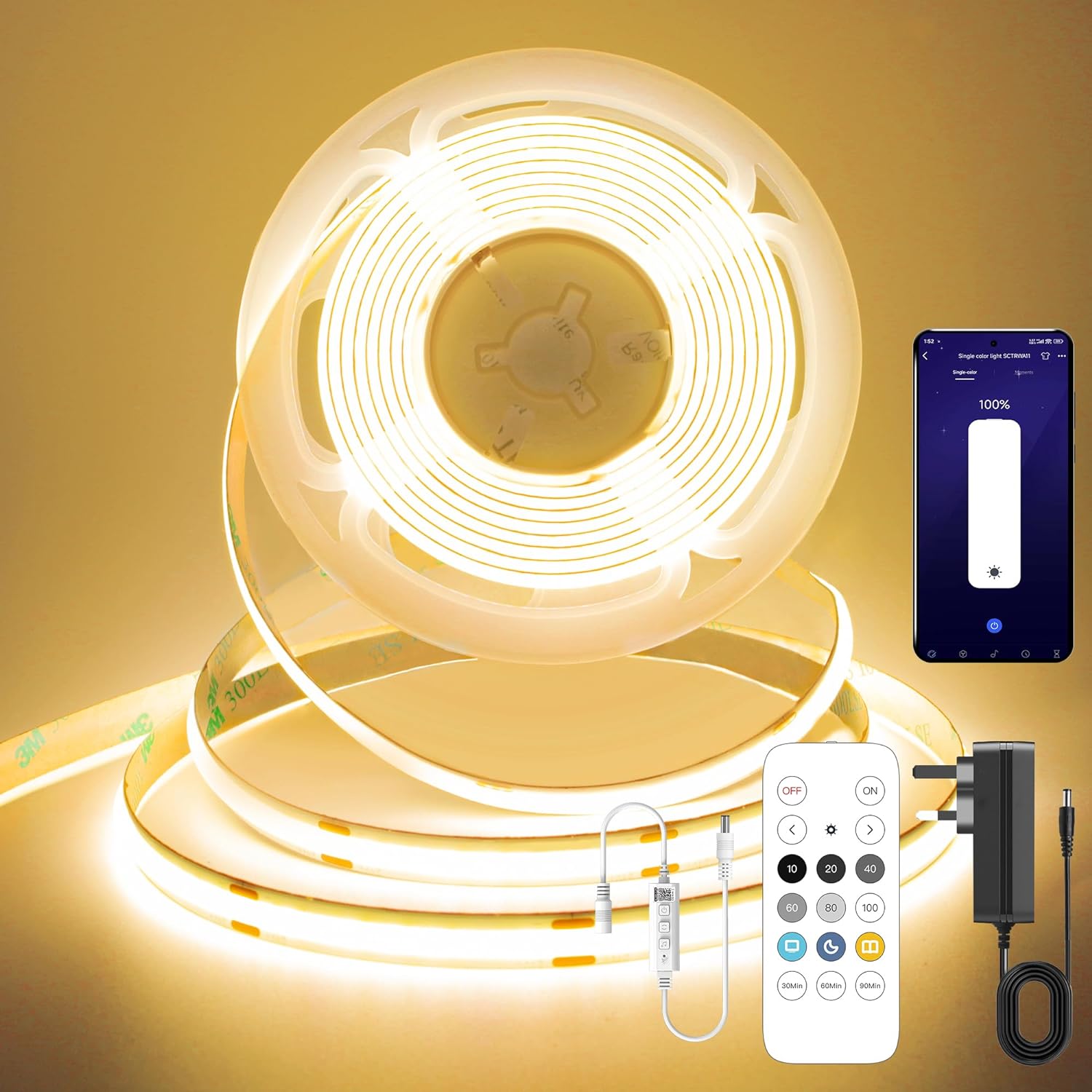 FUIQI COB LED Strip 5M,Dimmable Dotless LED Strip Lights with Smart App and Remo...