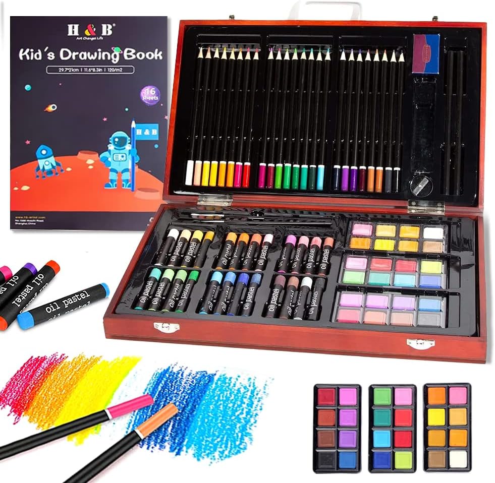 H & B Deluxe Art Painting Sets with Wood Box, 82Pcs with Sketch Pad Art Set Prof...