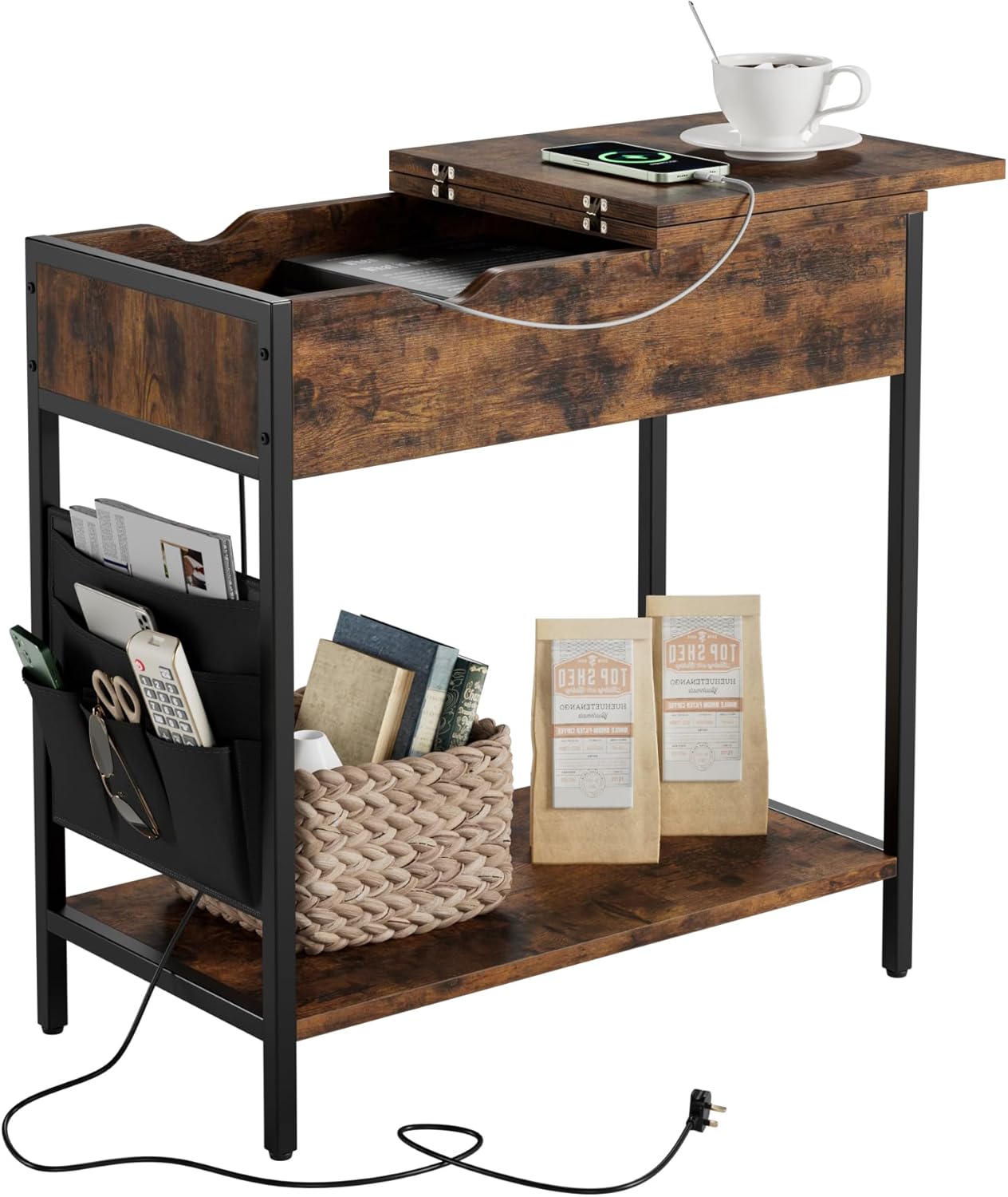 Nicehill Side Table with Charging Station, Narrow End Table with USB Ports, Outl...