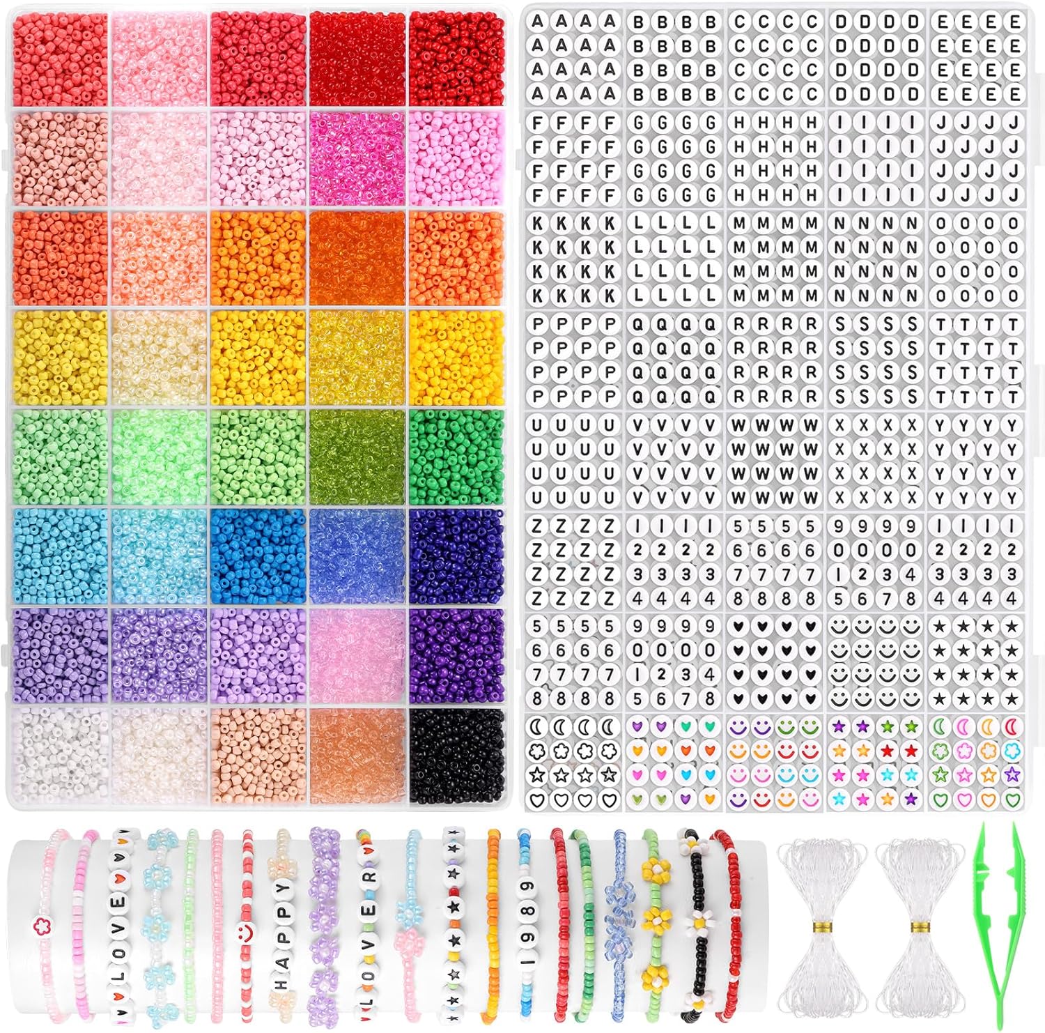 12000pcs 3mm Seed Beads with 960pcs Letter Beads Number Beads, 40 Colors Glass B...