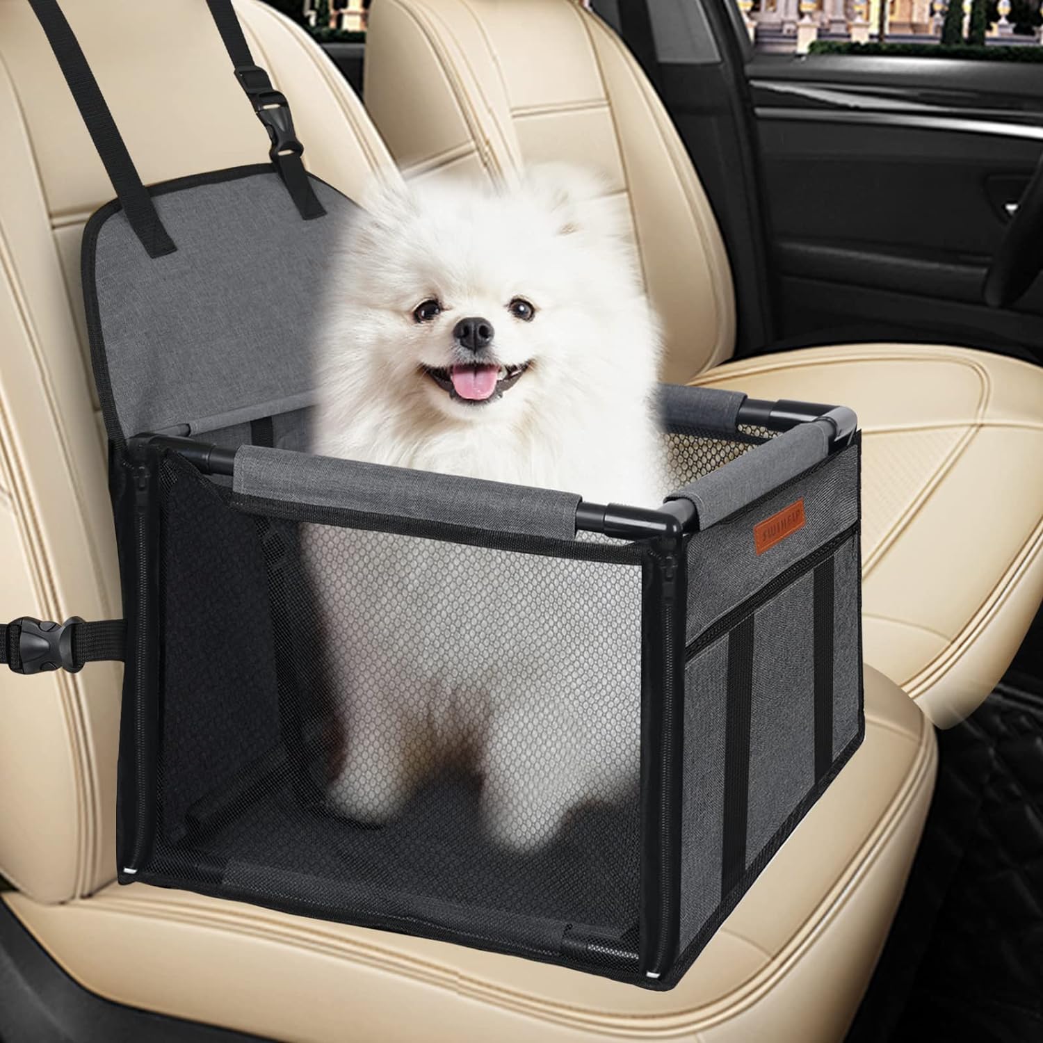 SWIHELP Dog Seat Puppy Portable Pet Booster Car Seat With Clip-on Safety Leash a...