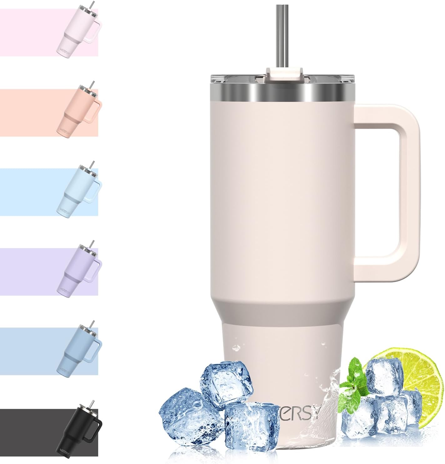 WATERSY Travel Mug Coffee Cup 40oz Tumbler Straw Lid and Handle, Stainless Steel...