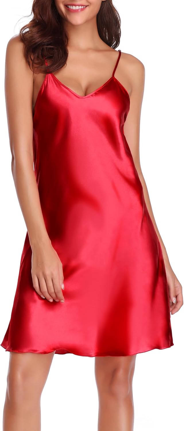Wikoan Ladies Satin Nightdress Soft Straps Chemise Slip Sexy V Neck Nightshirts...