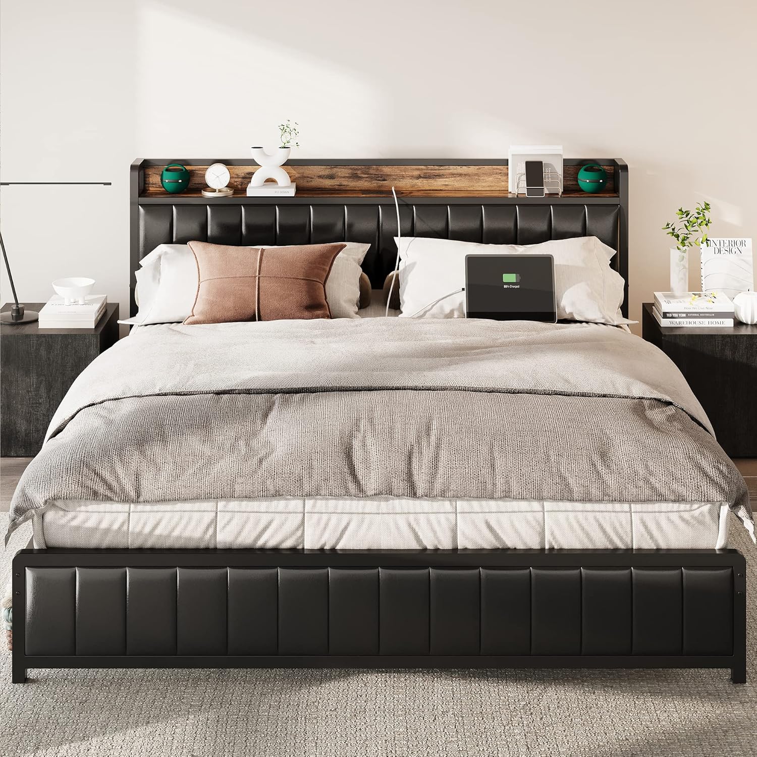 ANCTOR King Bed Frame with Storage Headboard and Footboard, Upholstered Platform...