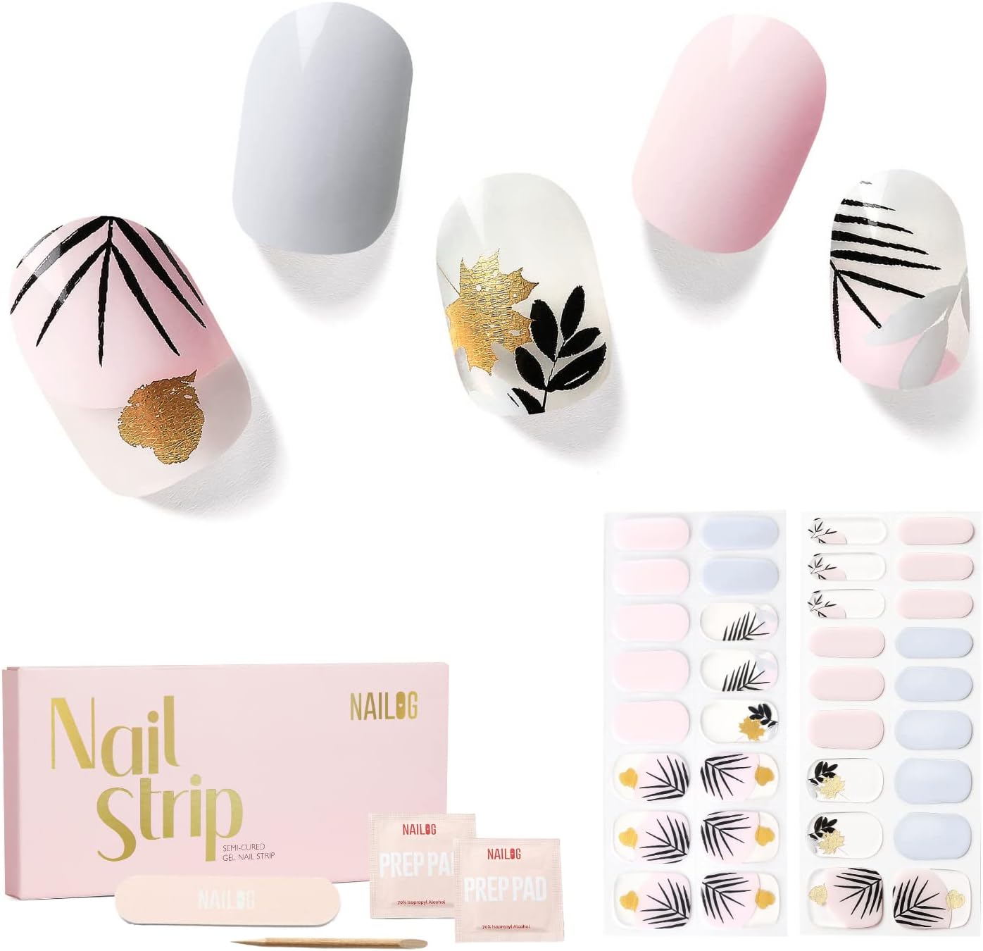 NAILOG Semi Cured Gel Nail Strips, 34 pcs Salon-Quality Gel Nail Stickers, Long...