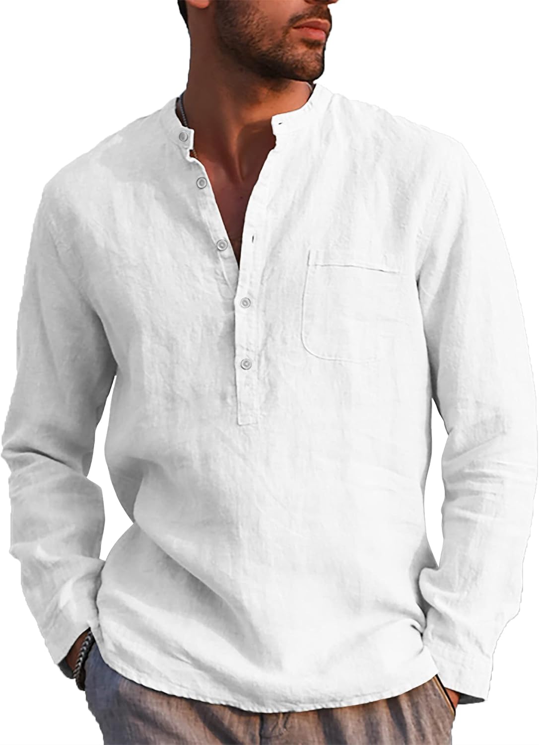 LVCBL Mens Casual Cotton Shirt Long Sleeve Band Collar Henley Shirt Tops White L