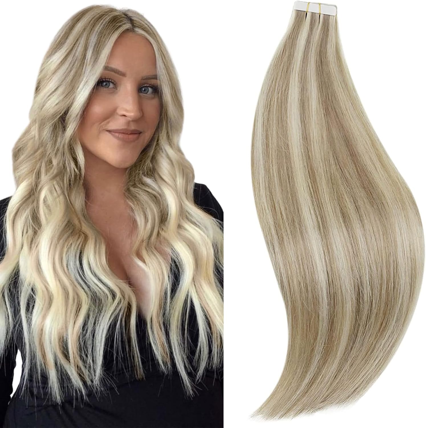 RUNATURE Tape in Hair Extensions Ash Brown Highlight Platinum Blonde Human Hair...