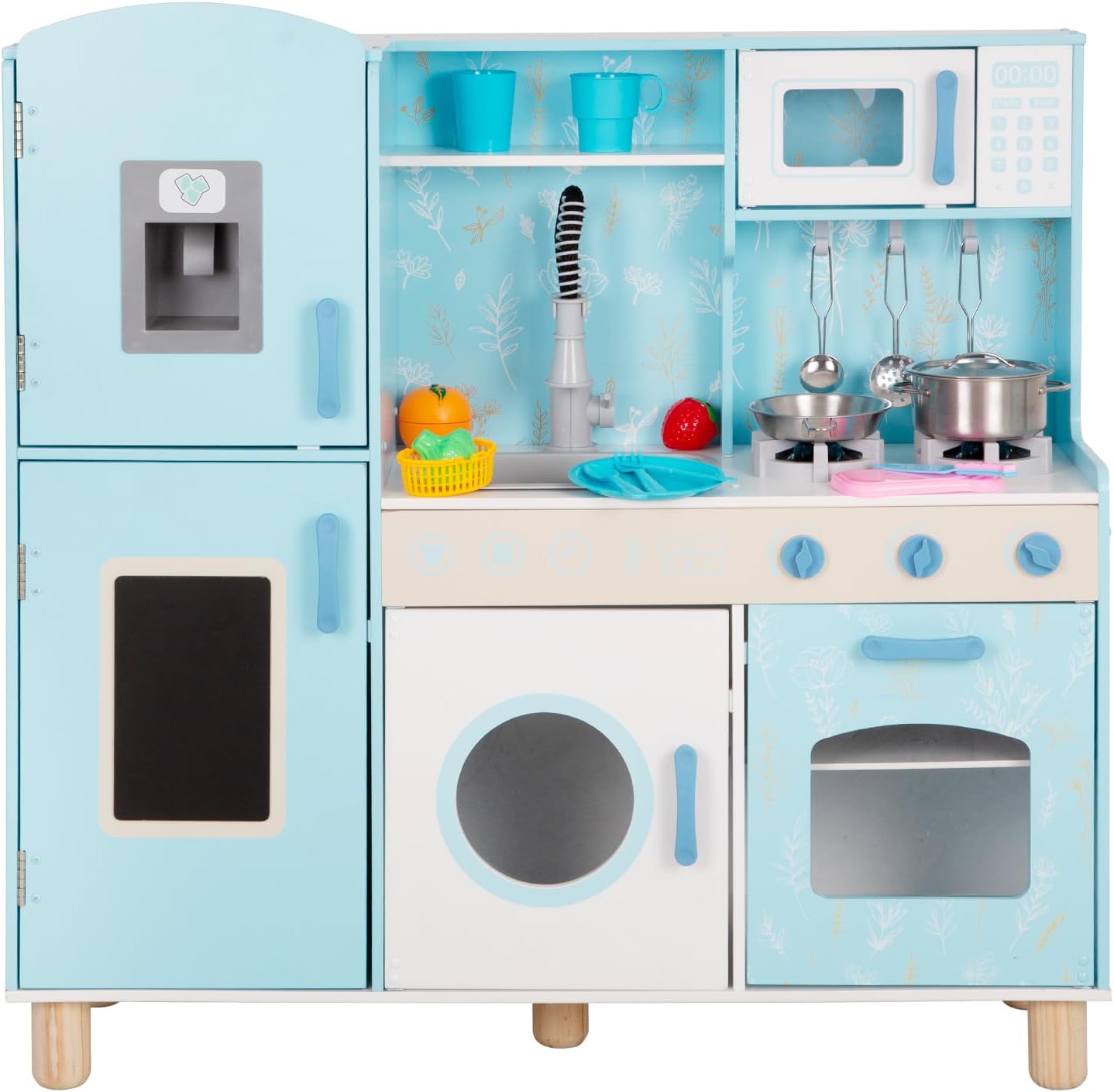 Pretend Wooden Play Kitchen Toy, Interactive Play with Lights and Sounds, 28 Pie...