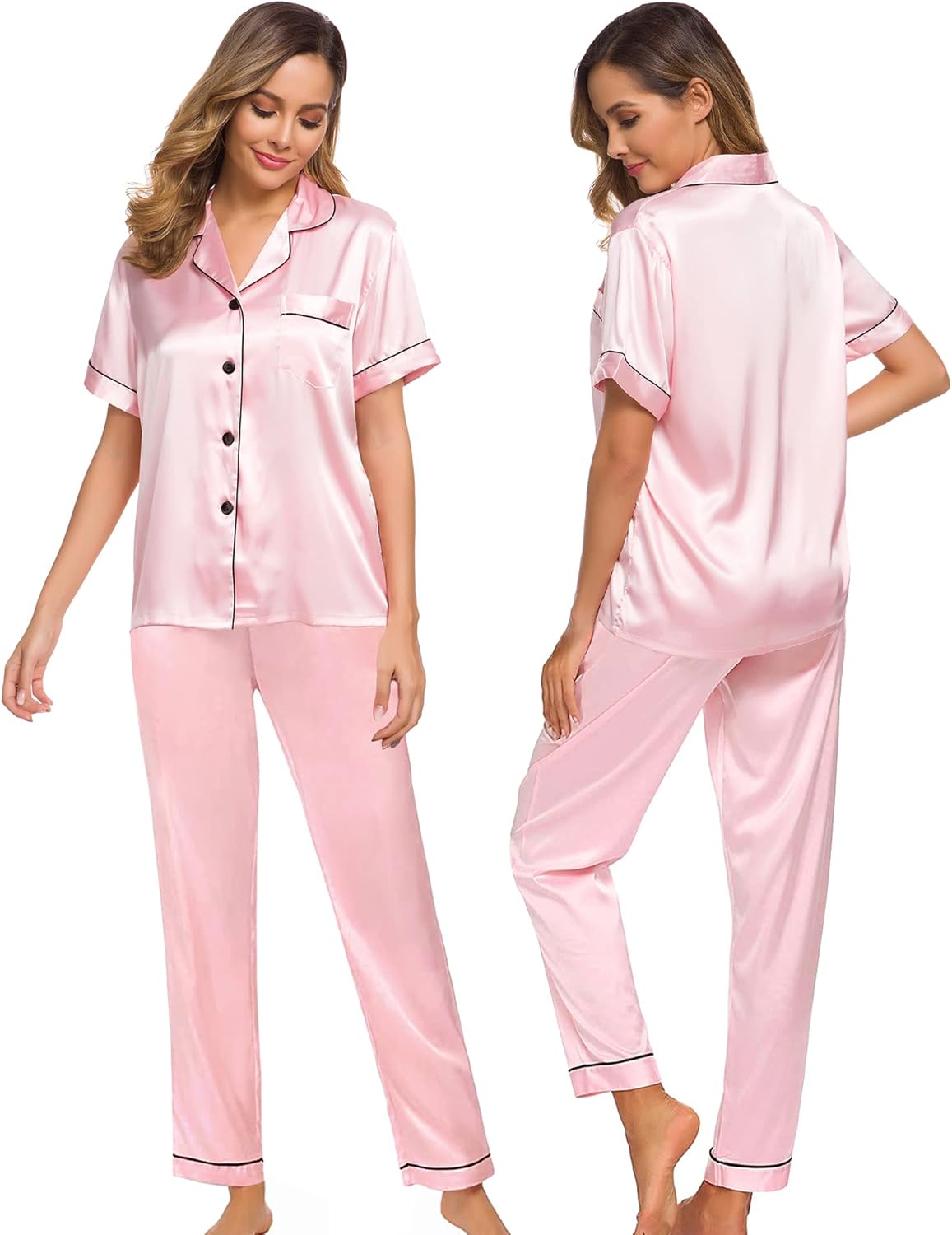SWOMOG Women Satin Pajamas, Special Pajamas Set, Innovative Short Sleeve Pajamas...