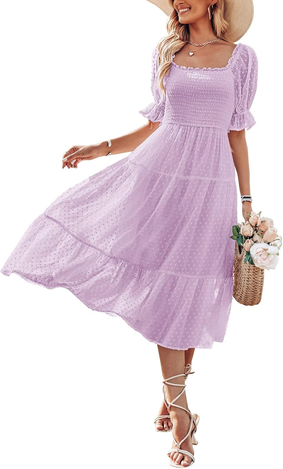 MEROKEETY Women's 2024 Summer Dress, Special Square Neck Puff Sleeve Dress, Inno...
