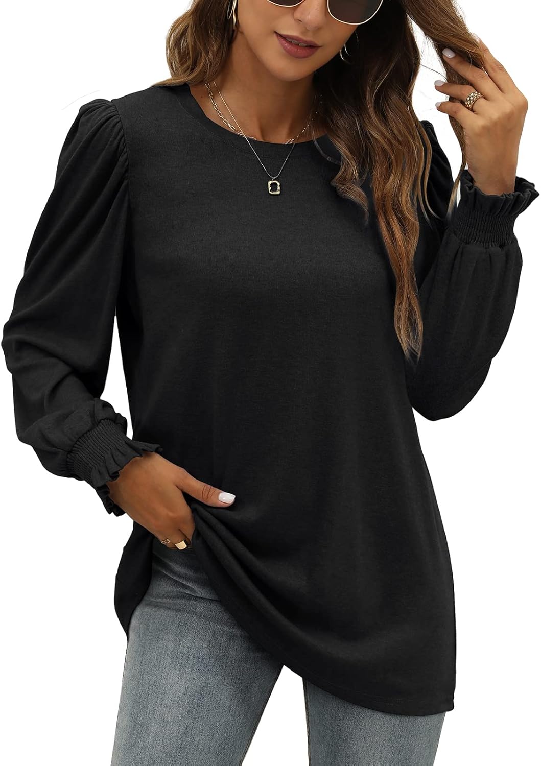 XIEERDUO Womens Long Sleeve Tops, Special Fall Ruffle Puff Sleeve Tunic Shirts,...