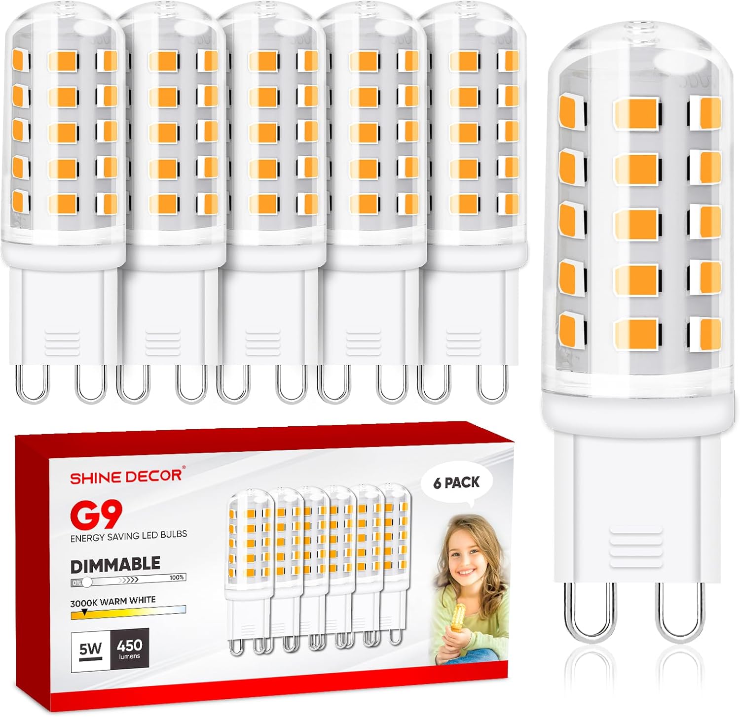 Shine Decor G9 LED Bulbs Warm White Dimmable,3000K,5W 450LM G9 LED Bulbs Dimmabl...
