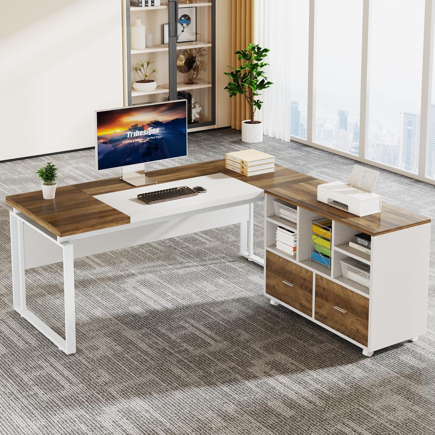 Tribesigns L-Shaped Executive Desk with Reversible File Cabinet, 63" Office Desk...