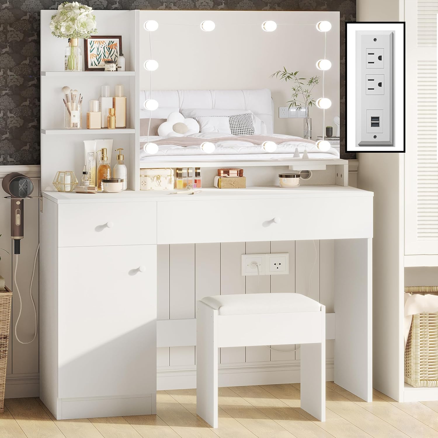 Vanity Desk with LED Lighted Mirror & Power Outlet, Makeup Vanity Set with large...