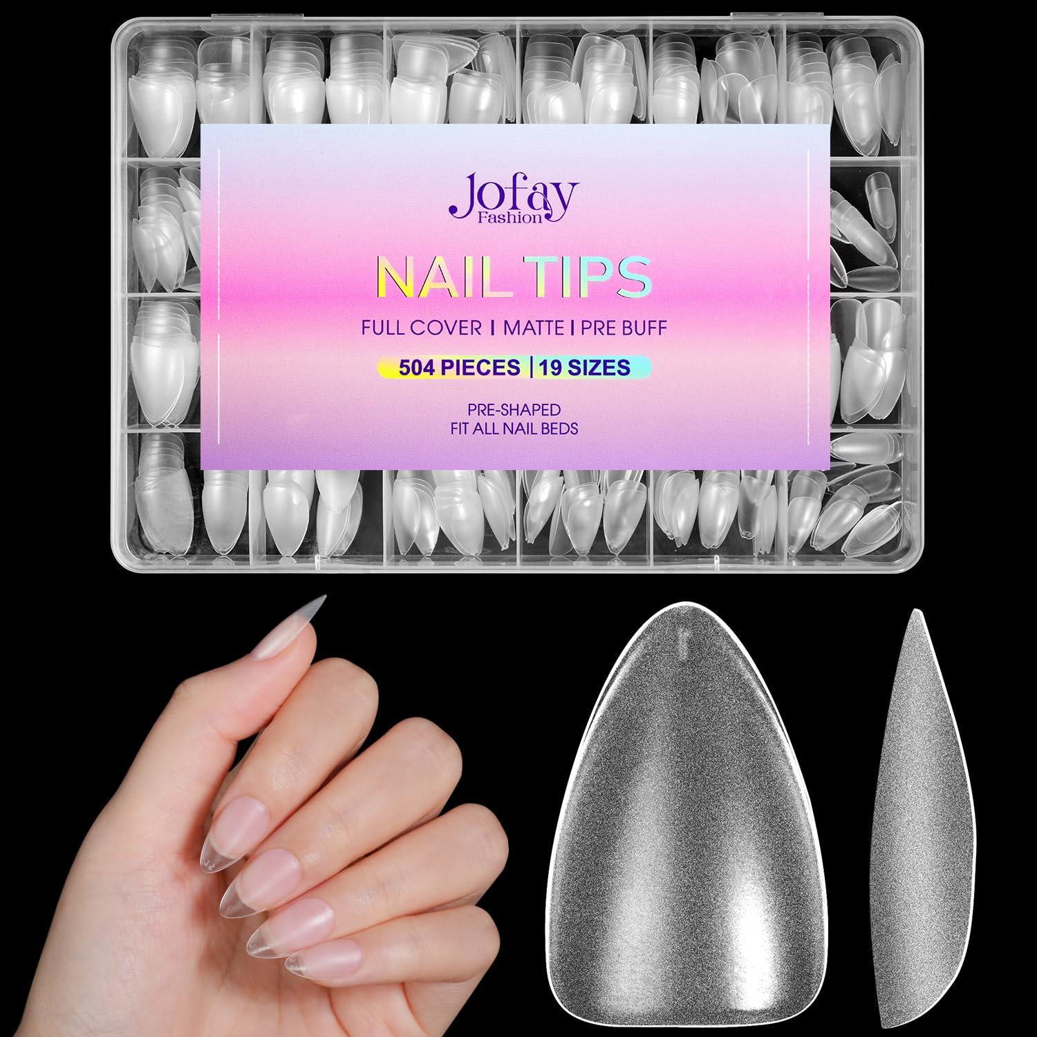 Short Almond Nail Tips 504Pcs, Jofay Fashion Pre-shaped & Etched Acrylic Fake Na...