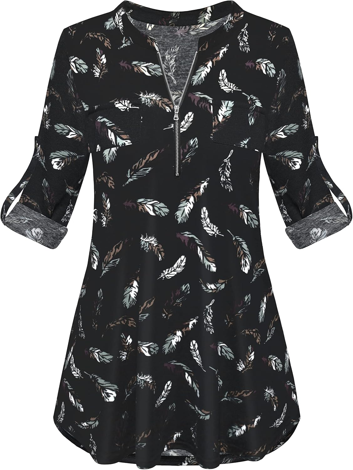 Odosalii Womens Zip Up Plaid Tunic Blouse Short/Long Sleeve Polo Top Floral Prin...