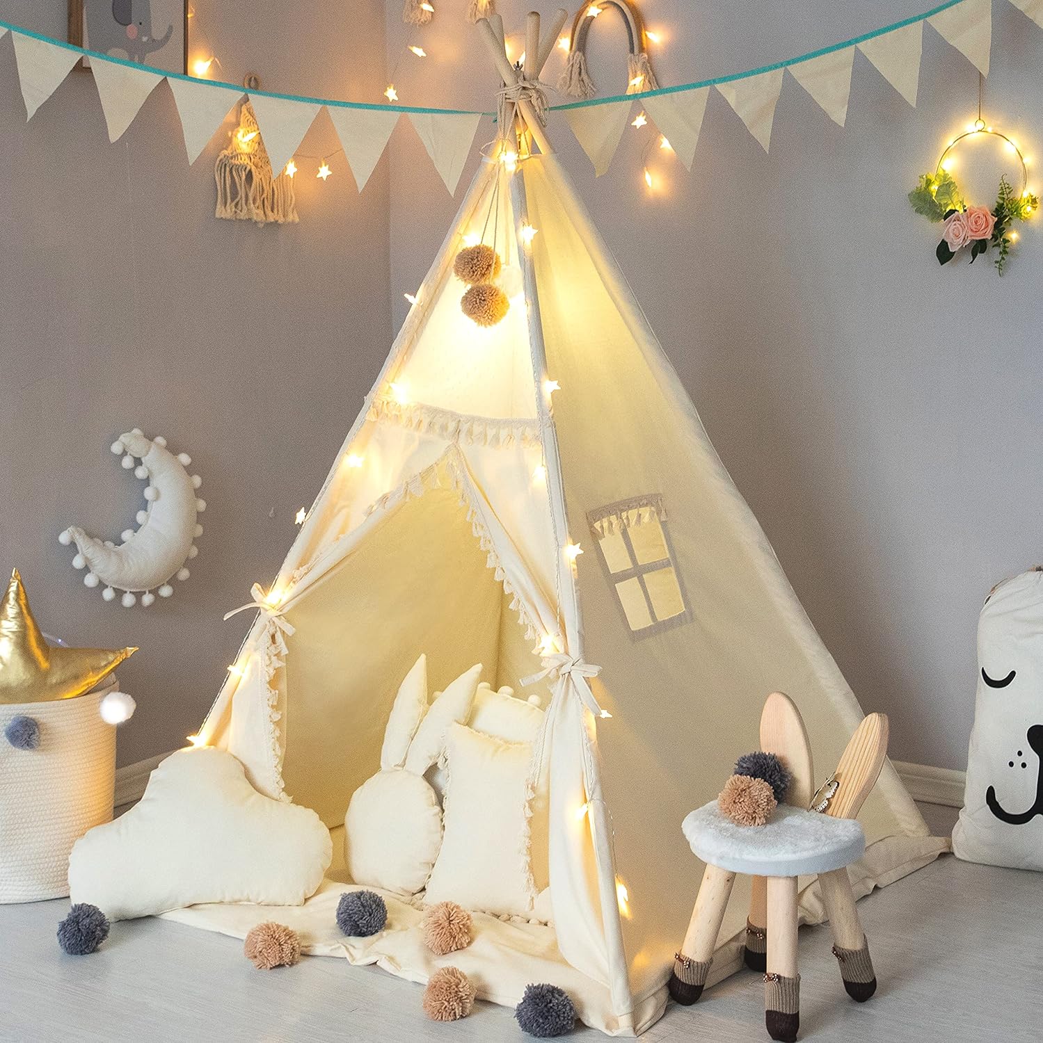 Kids Teepee Tent with Padded Mat, Banner, Fairy Lights, Yarn Ball, Carry Bag, Be...