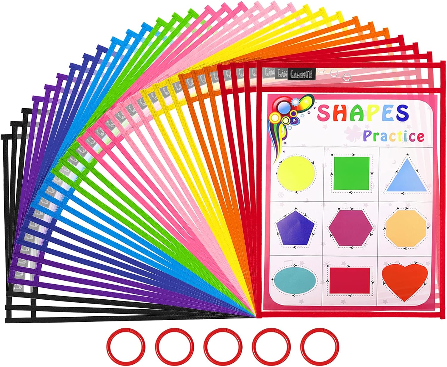 Gamenote Dry Erase Pockets 30 Pack with Rings - Oversized Reusable Plastic Sleev...