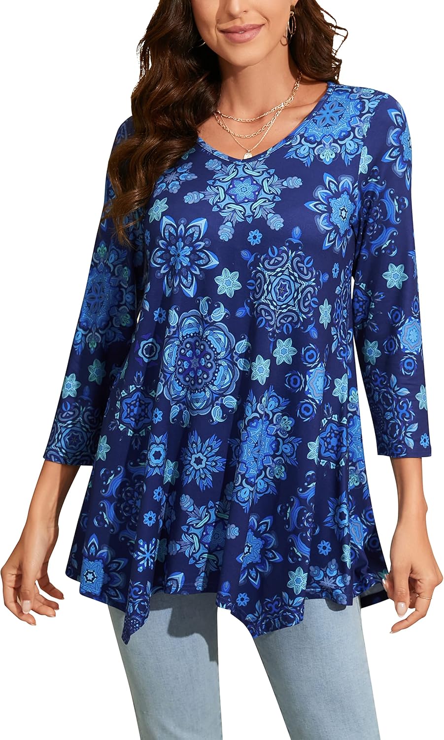 Enmain Womens Tunic Tops Long - Ladies V Neck 3/4 Sleeve Top Casual Pattern/Soli...