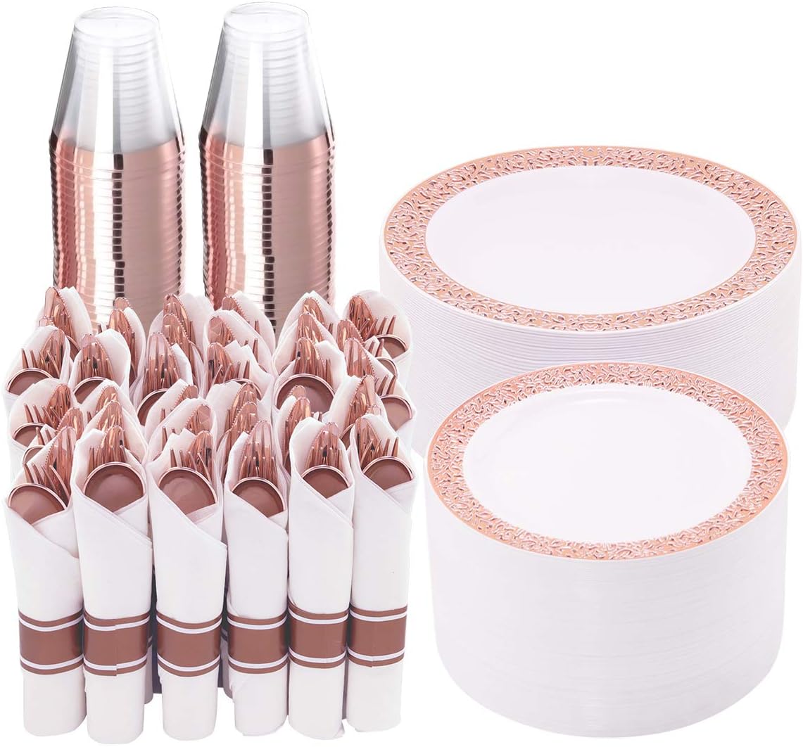 WELLIFE 350 Pieces Rose Gold Plastic Dinnerware, Special Disposable Rose Gold La...