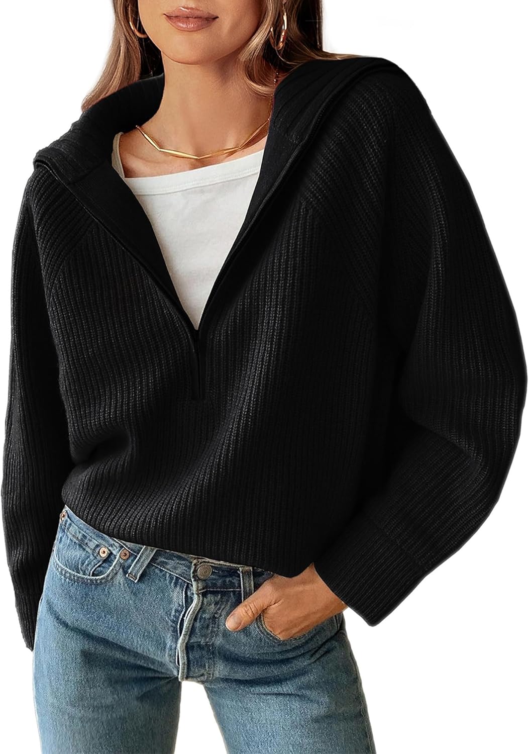 BTFBM Women's Casual Pullover Sweater, Special Long Sleeve Half Zip Design, Uniq...