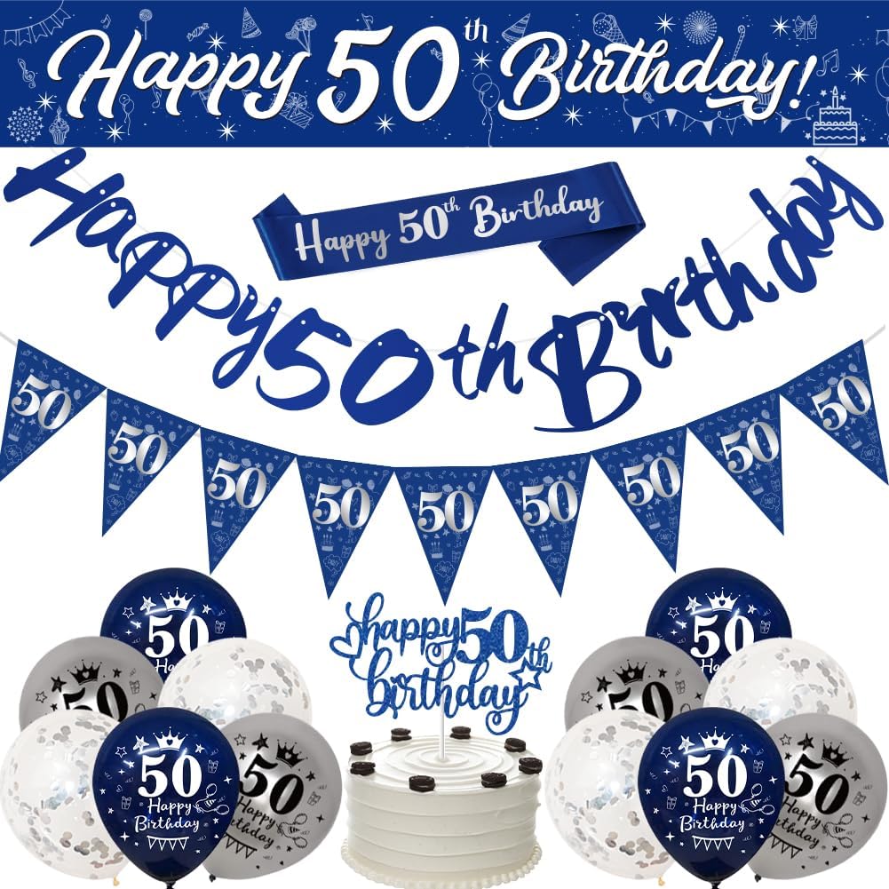 50th Birthday Decorations,Navy Blue Silver 50th Birthday Banners for Men, Happy...