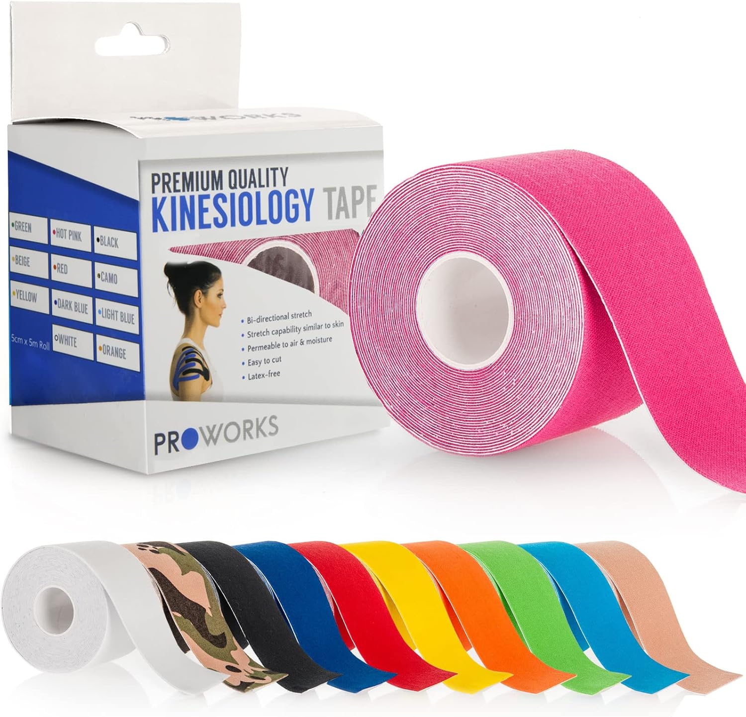 Proworks Kinesiology Tape | 5m Roll of Elastic Muscle Support Tape for Exercise,...