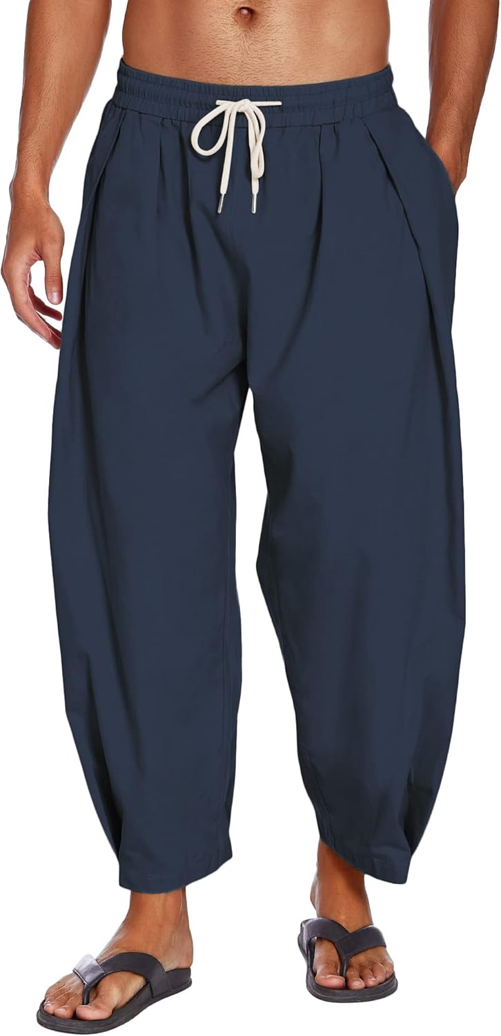 COOFANDY Men's Cotton Linen Harem Pants, Special Casual Cropped Trousers with Dr...
