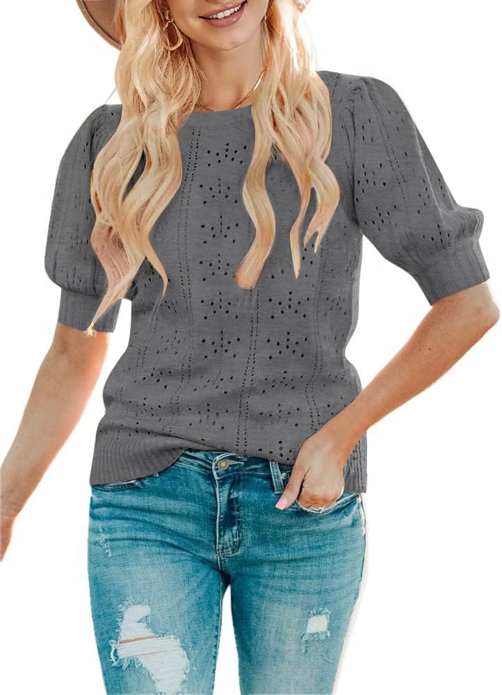 MEROKEETY Women's Top, Innovative 2024 Fall Puff Short Sleeve Sweater, Special C...