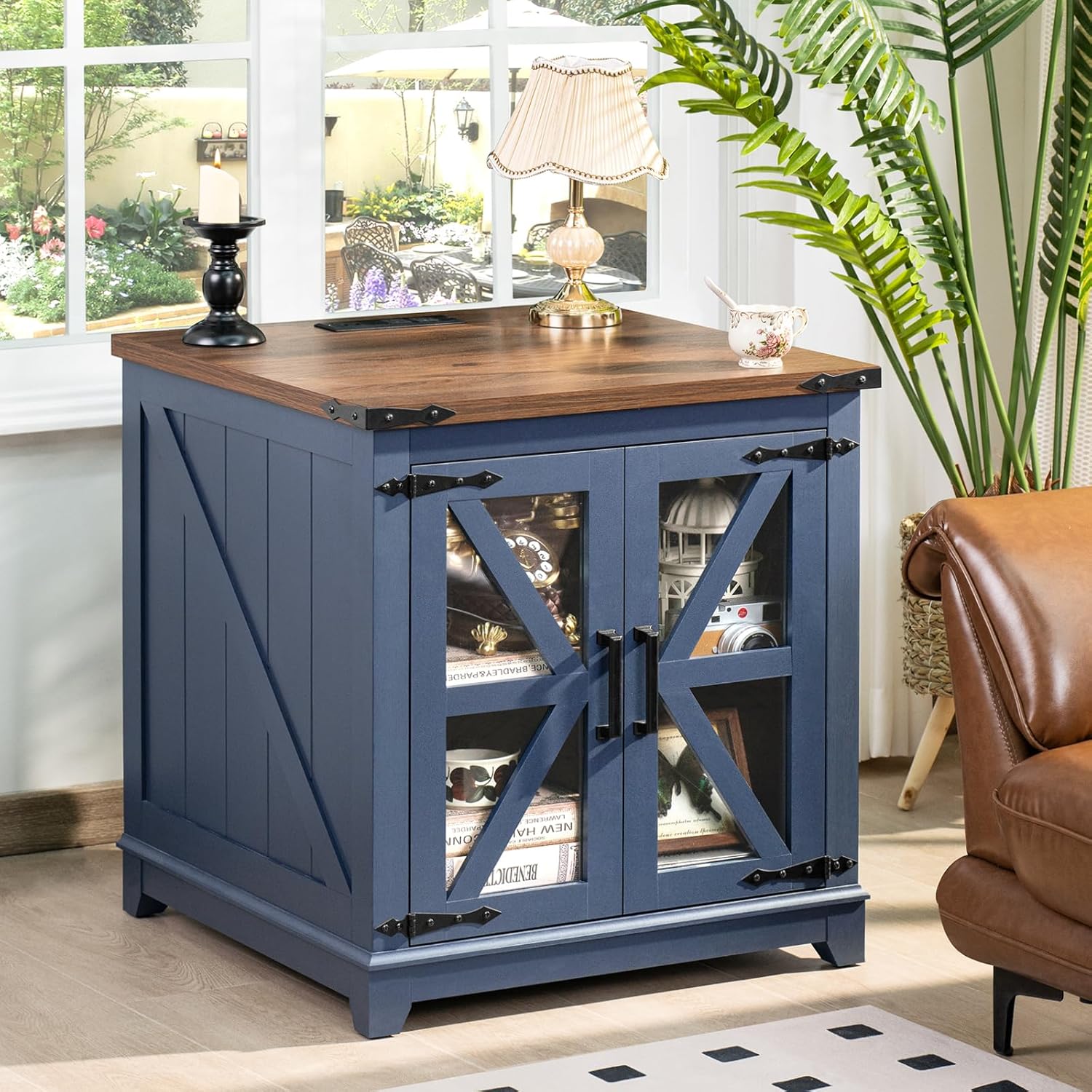 Farmhouse End Table with Charging Station, 24" Large Sofa Side Table with Glass...