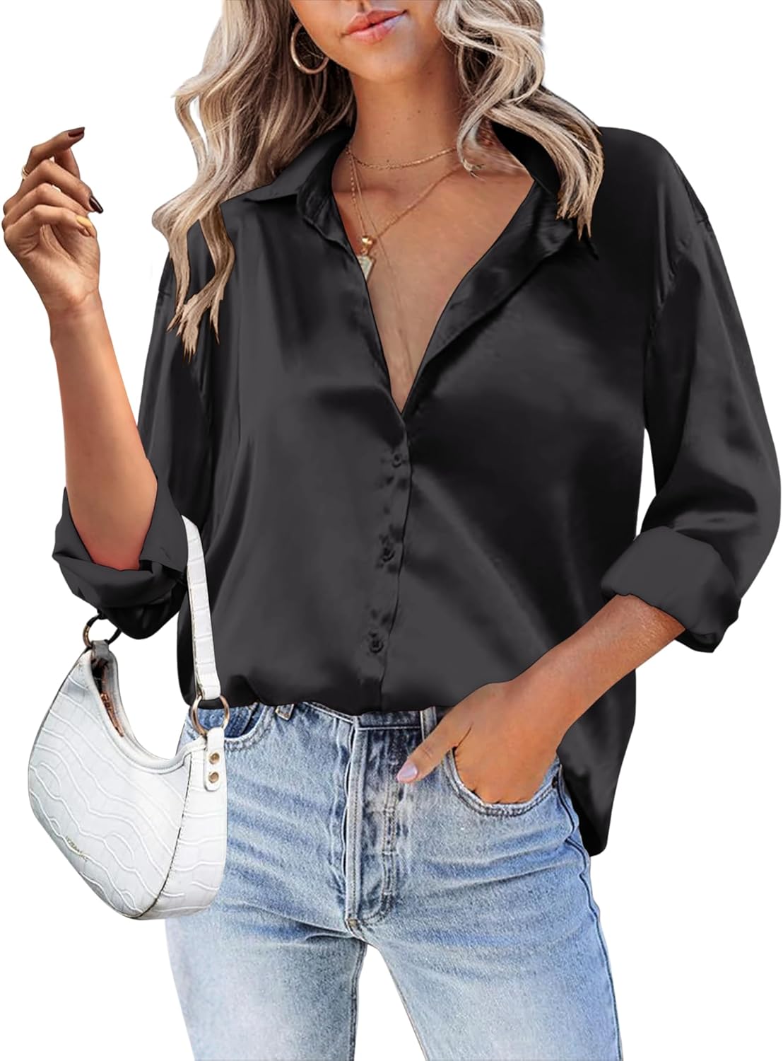 , HOTOUCH Women Satin Silk Button Down Shirt, Special Ladies Long Sleeve Tops, E...