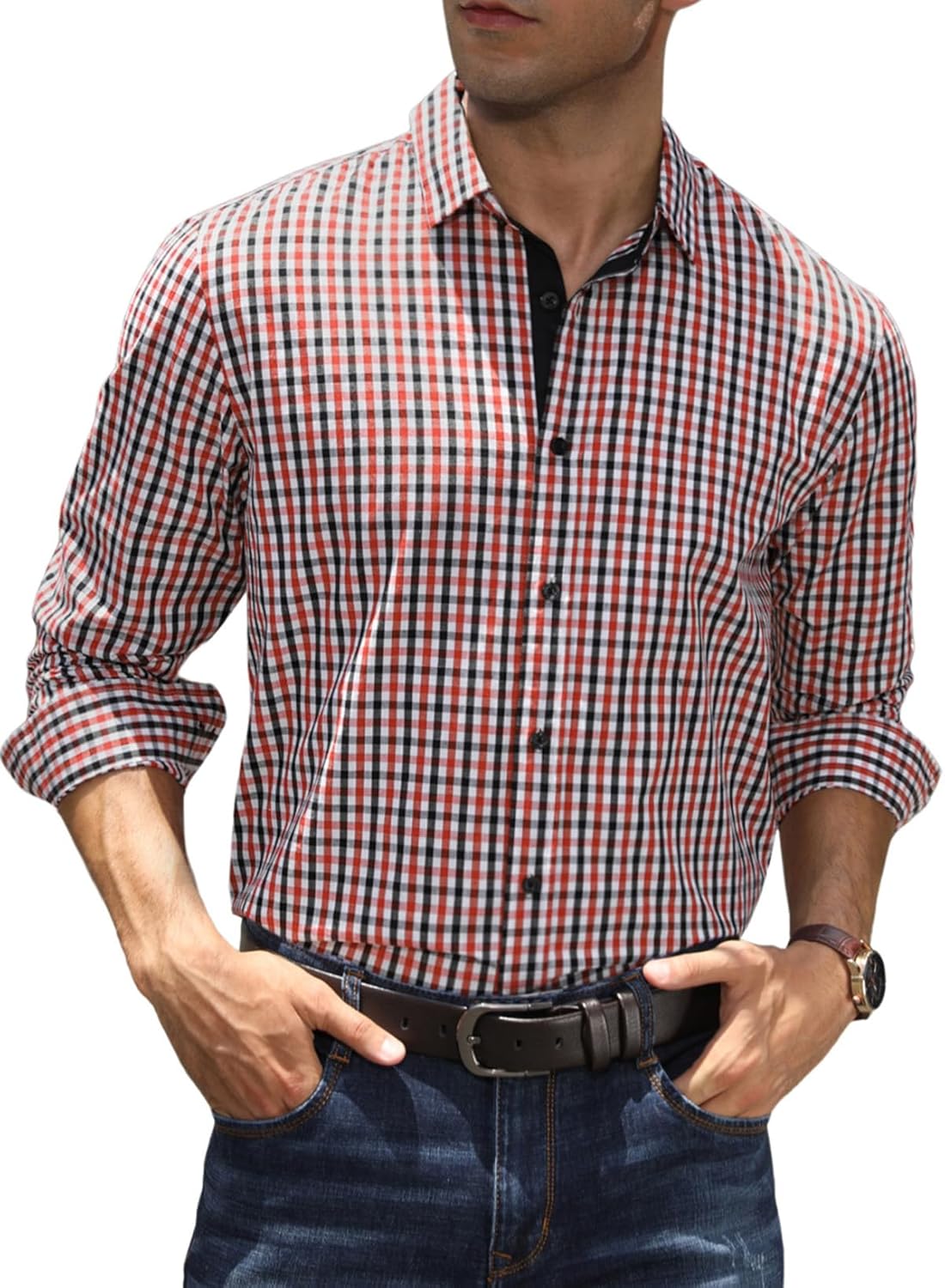 Elegancity Mens Dress Shirt Plaid Cotton Business Formal Shirts Regular-Fit Wrin...