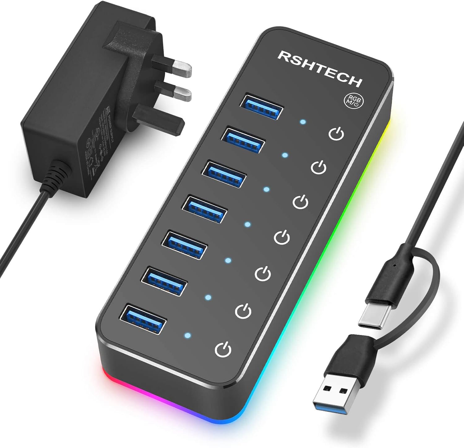 RGB Powered USB 3.0/USB C Hub RSHTECH 7-Port USB 3.0 Data Hub Splitter with 14 R...