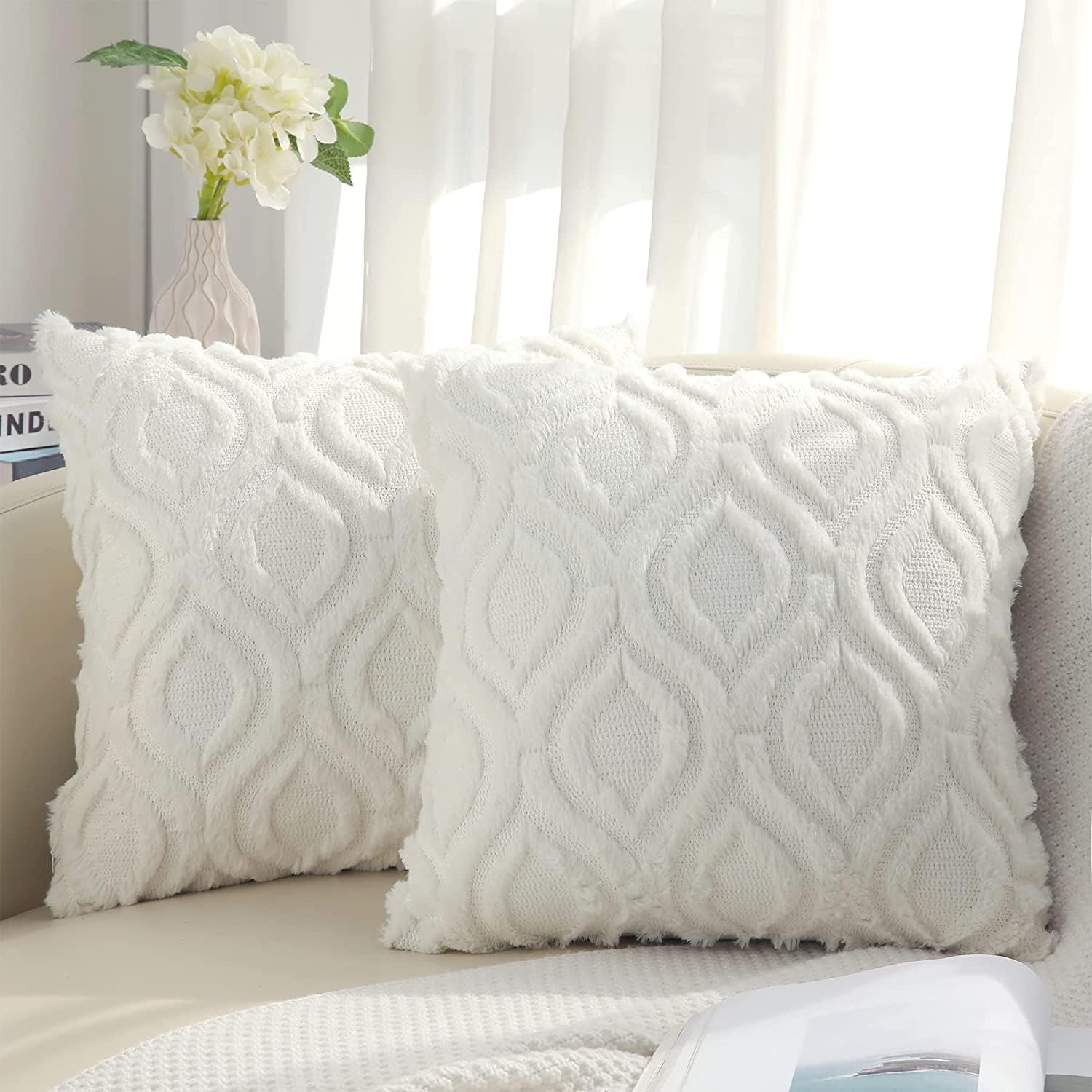 decorUhome Set of 2 Faux Fur Cushion Covers 45x45 cm, Decorative Soft Plush Fluf...