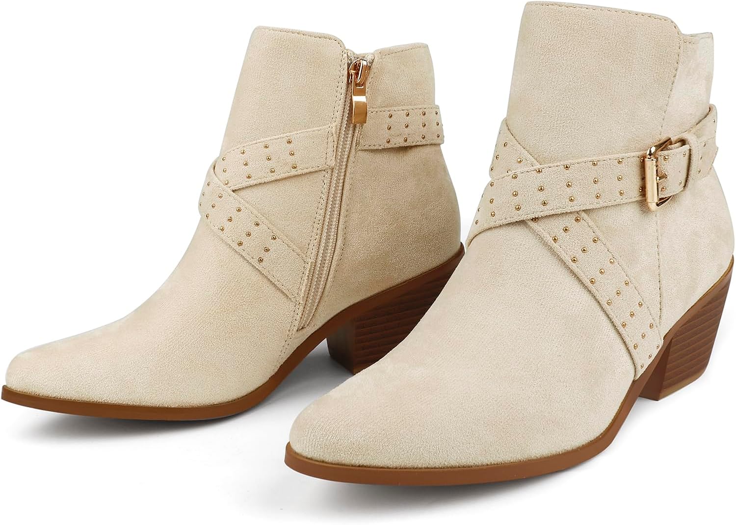 JOY IN LOVE Ankle Boots for Women Low Chunky Heel Zipper Booties 9.5 Beige Suede