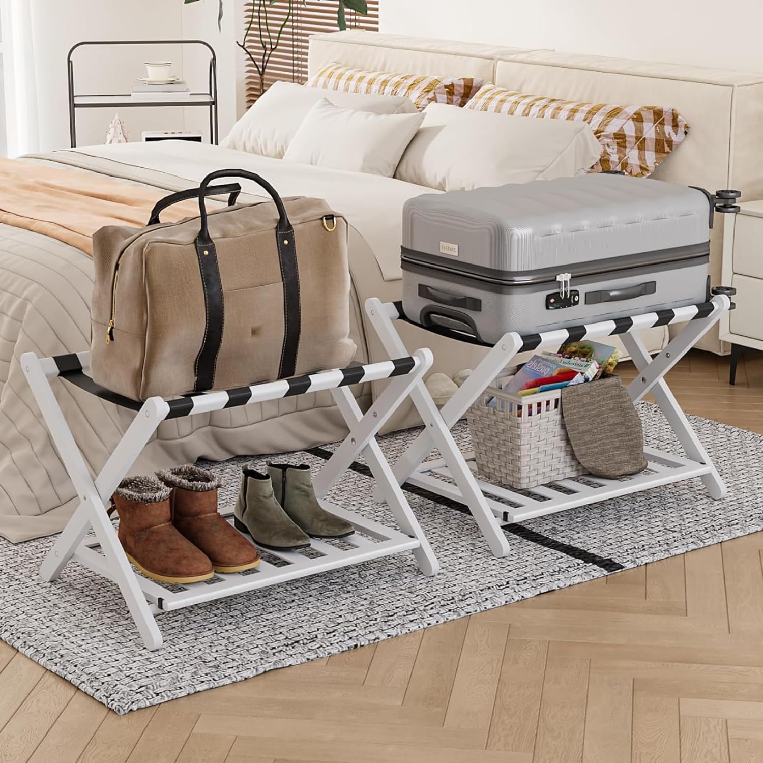 Fully Assembled White Luggage Racks Set, Special Folding Suitcase Stand with 5 S...