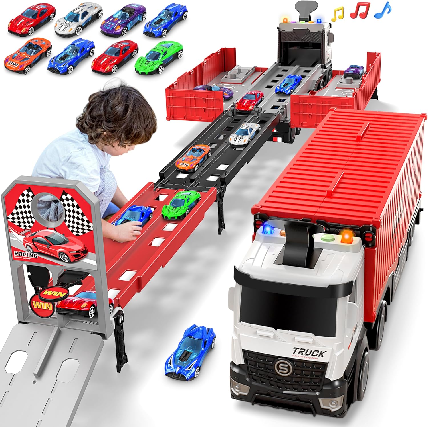 Carrier Truck Race Track Kids Toys, Special Foldable 3 Layer Car Race Track Play...