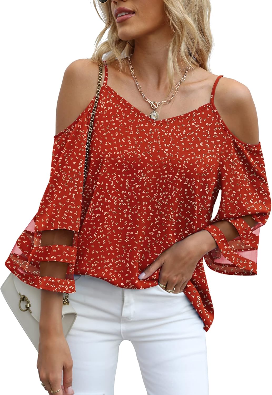 Jouica Women's Summer Tops, Special Cold Shoulder Shirts with Mesh Panel, Innova...