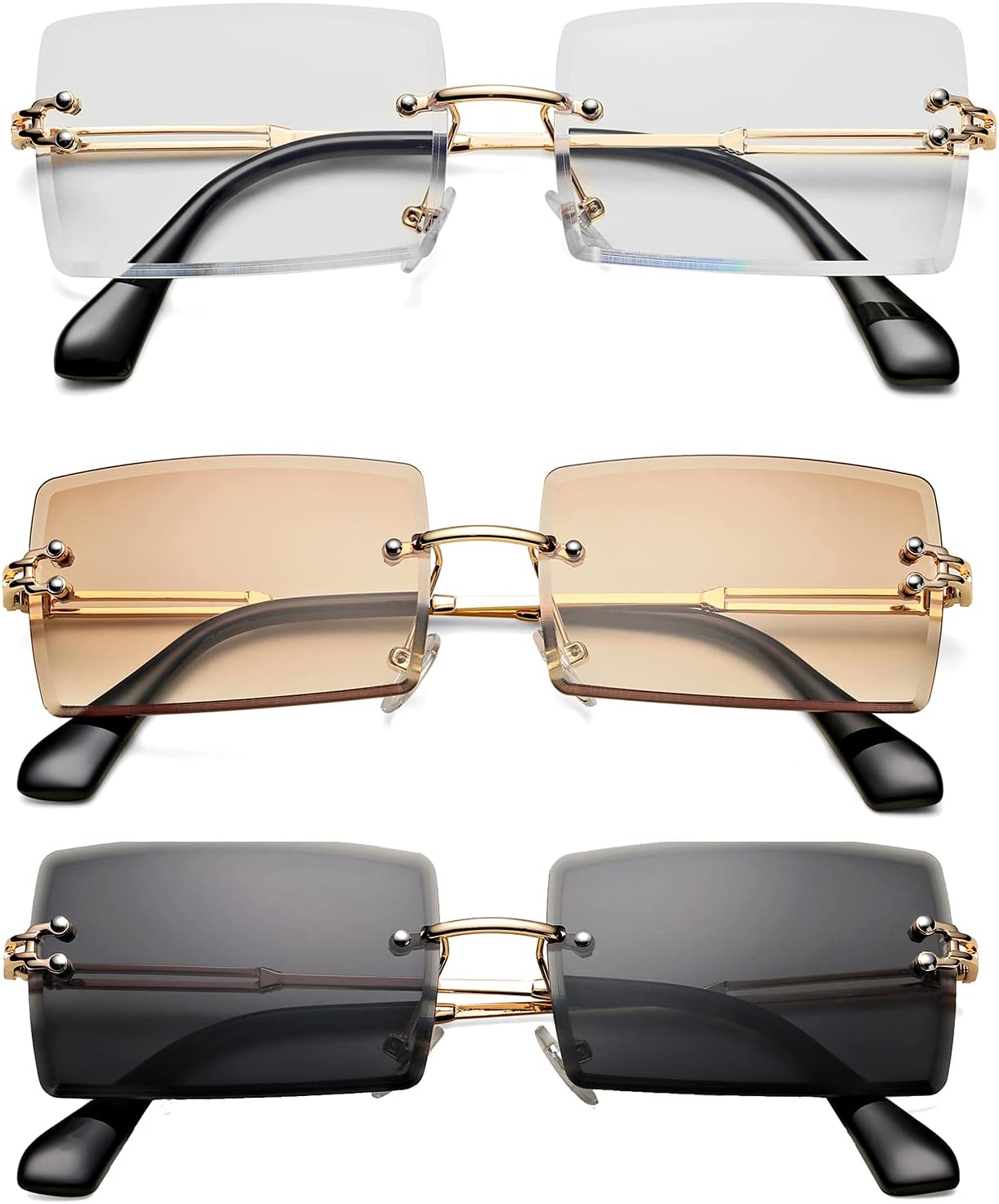 Rectangle Sunglasses for Men/Women Small Rimless Square Shade Eyewear A1* 3 Pack...