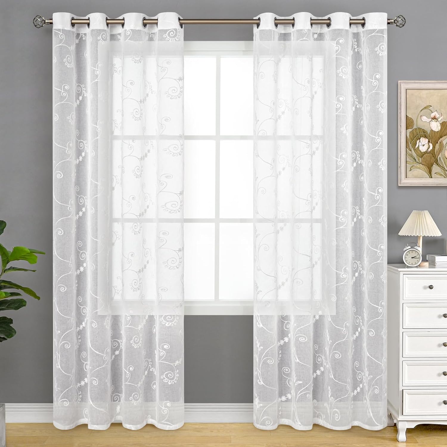 BGment White Sheer Curtains, Special Curtains for Living Room with Vine and Leaf...