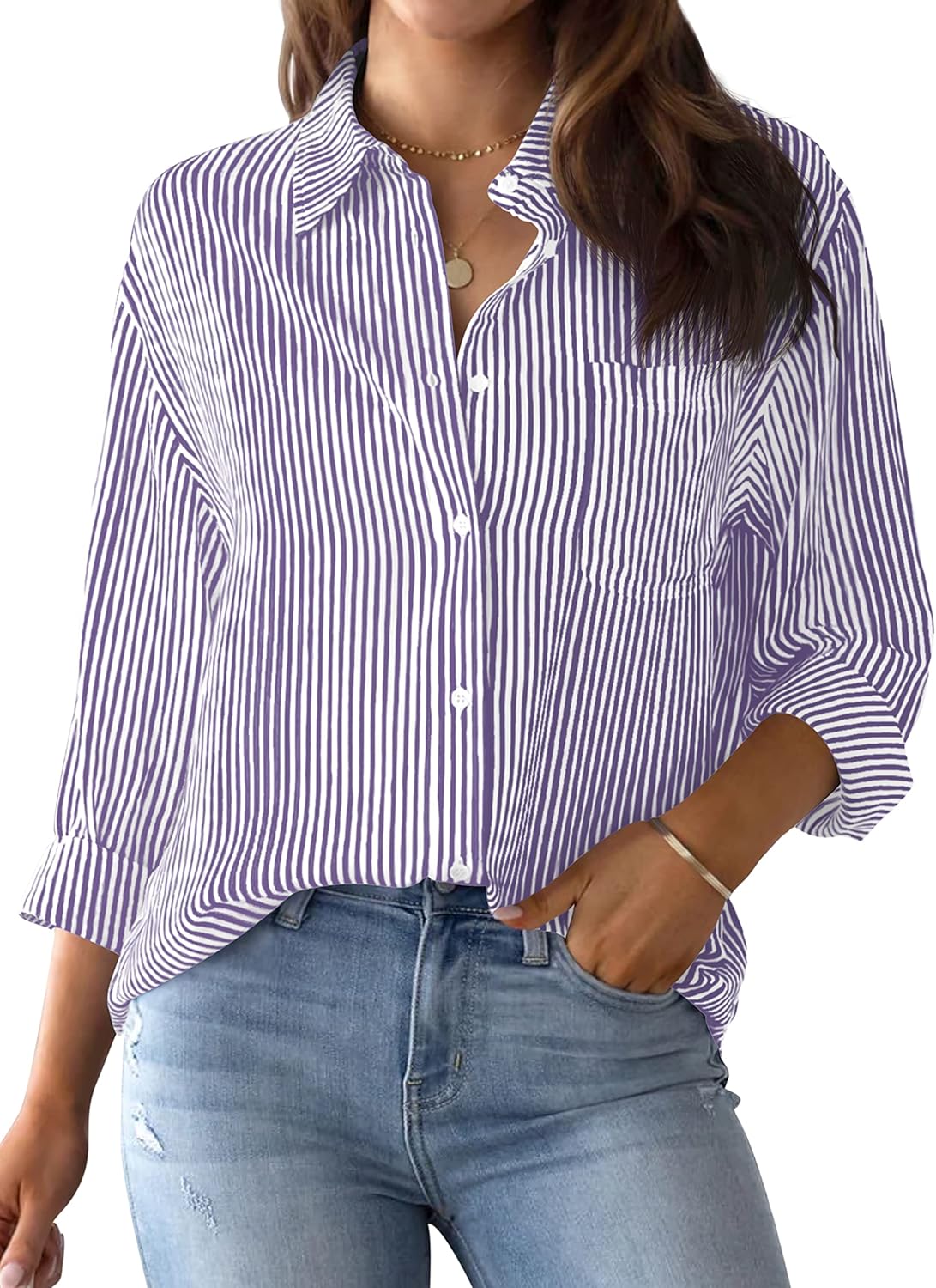 AISEW Womens Button Down Shirts, Special Striped Classic Long Sleeve Collared Of...