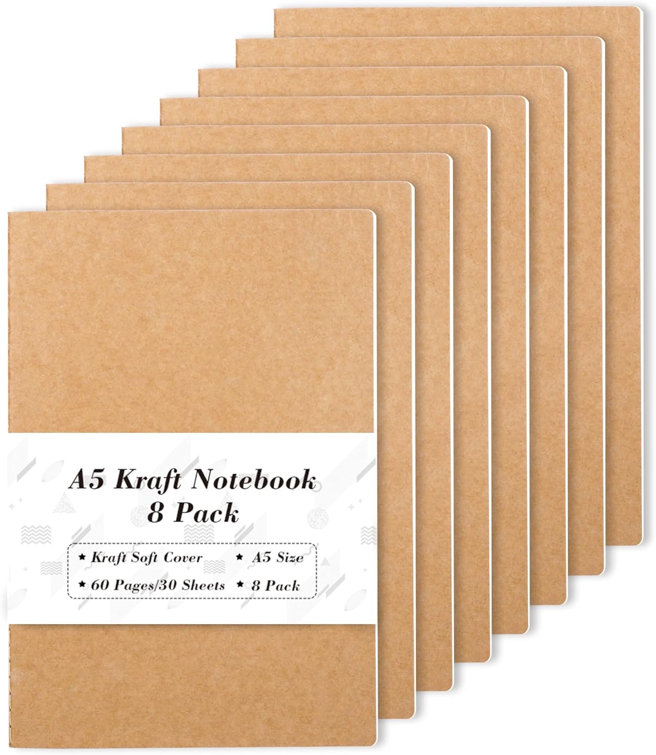 feela 8 Pack Kraft Notebooks A5, 60 Pages Lined Notepad Journal Bulk, Soft Brown...