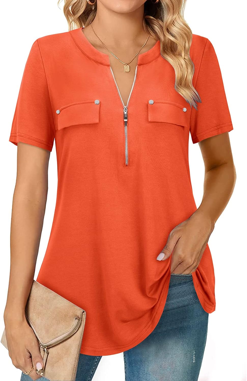 Bulotus Women's Zip Front V-Neck Short Sleeve Work Casual Top Blouse Shirt (Soli...