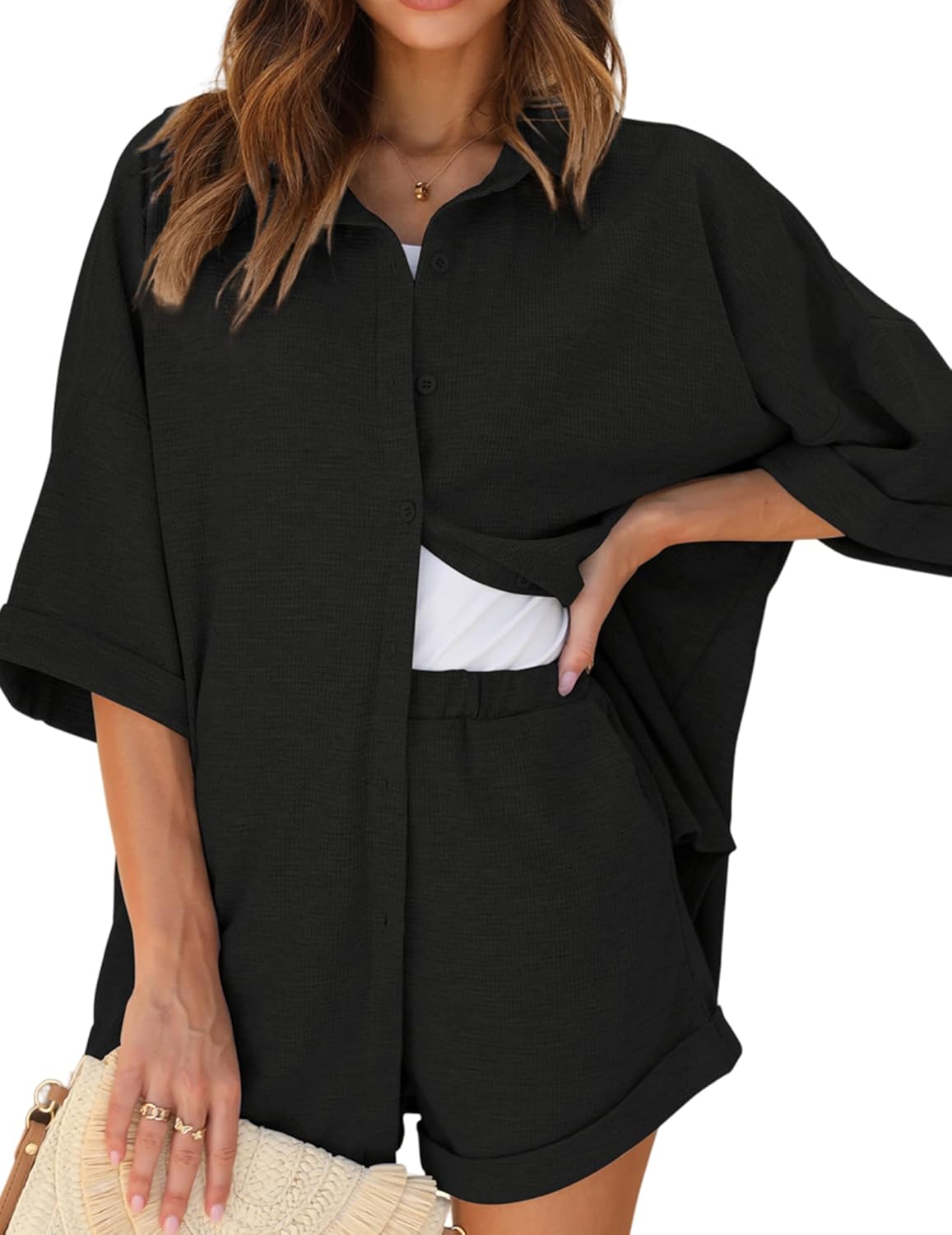 Ekouaer Waffle Knit Lounge Sets, Special Lounge Sets for Women Short Sleeve Paja...