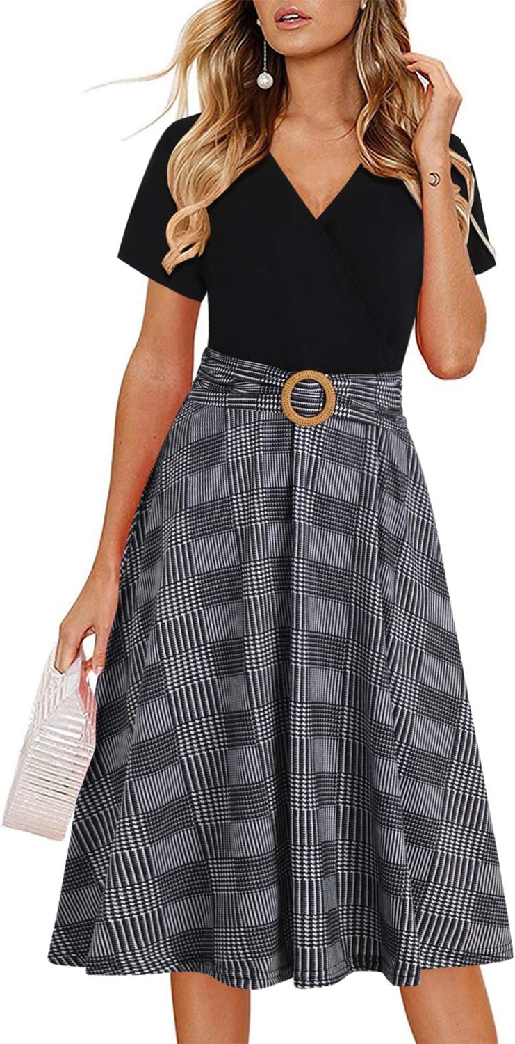 Women's Elegant Criss-Cross V Neck Dress, Special Vintage Short Sleeve Work Casu...