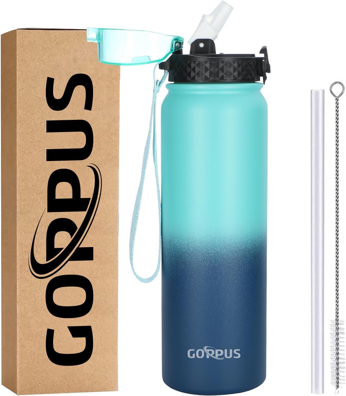 GOPPUS 1L/32oz Stainless Water Bottle with Straw Double Wall Insulated Bottles R...