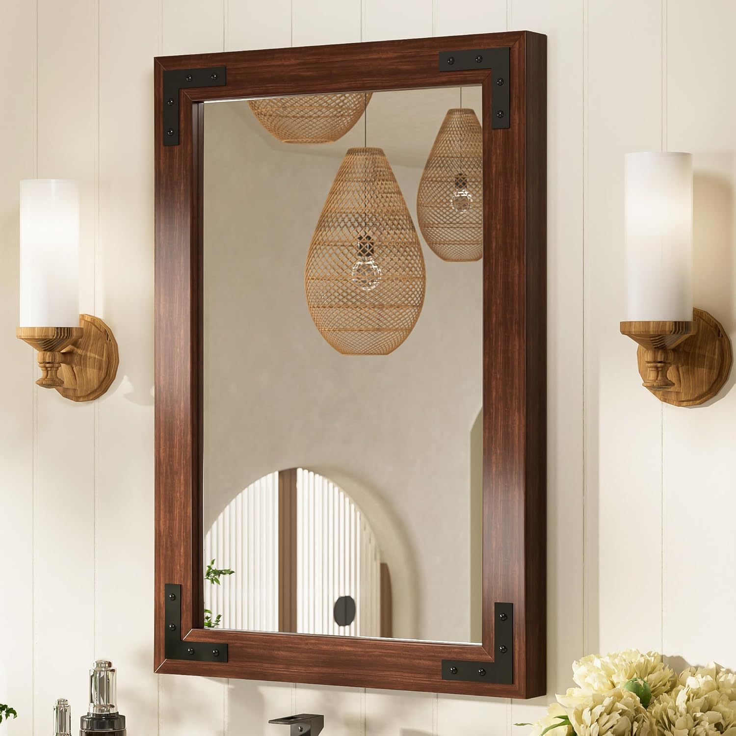 TETOTE Wood Mirror for Bathroom Sink 18 x 26 Inch Rustic Natural Wooden Framed B...